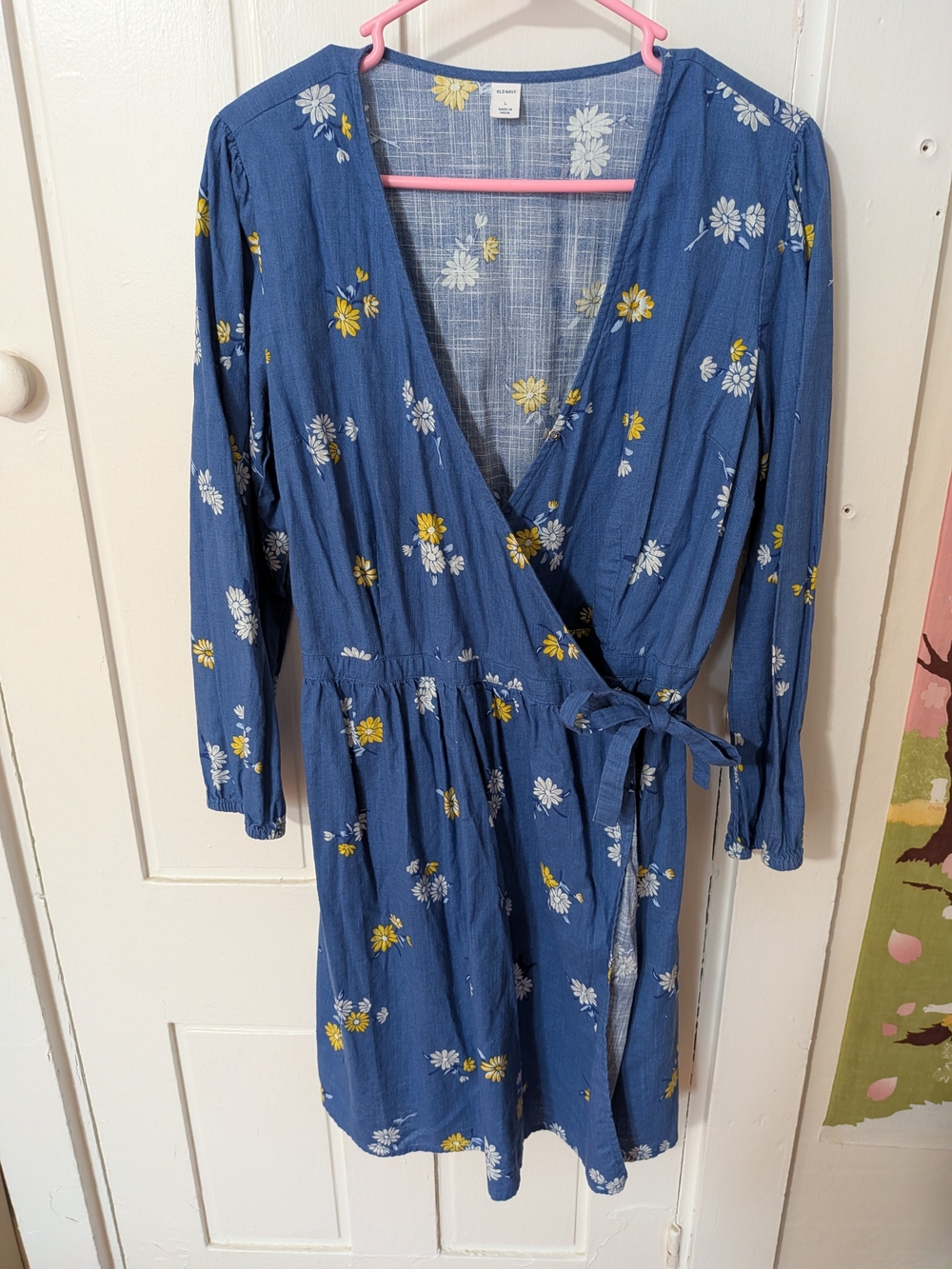Old Navy Blue Floral Wrap Dress with Yellow & White Daisies